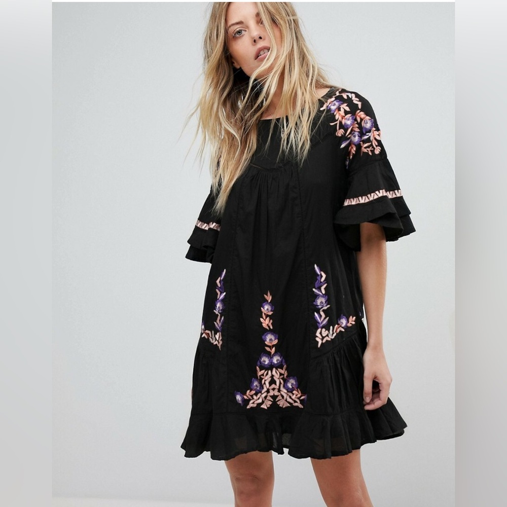 Free People Black Mini Dress with Purple & Pink Floral Embroidery
